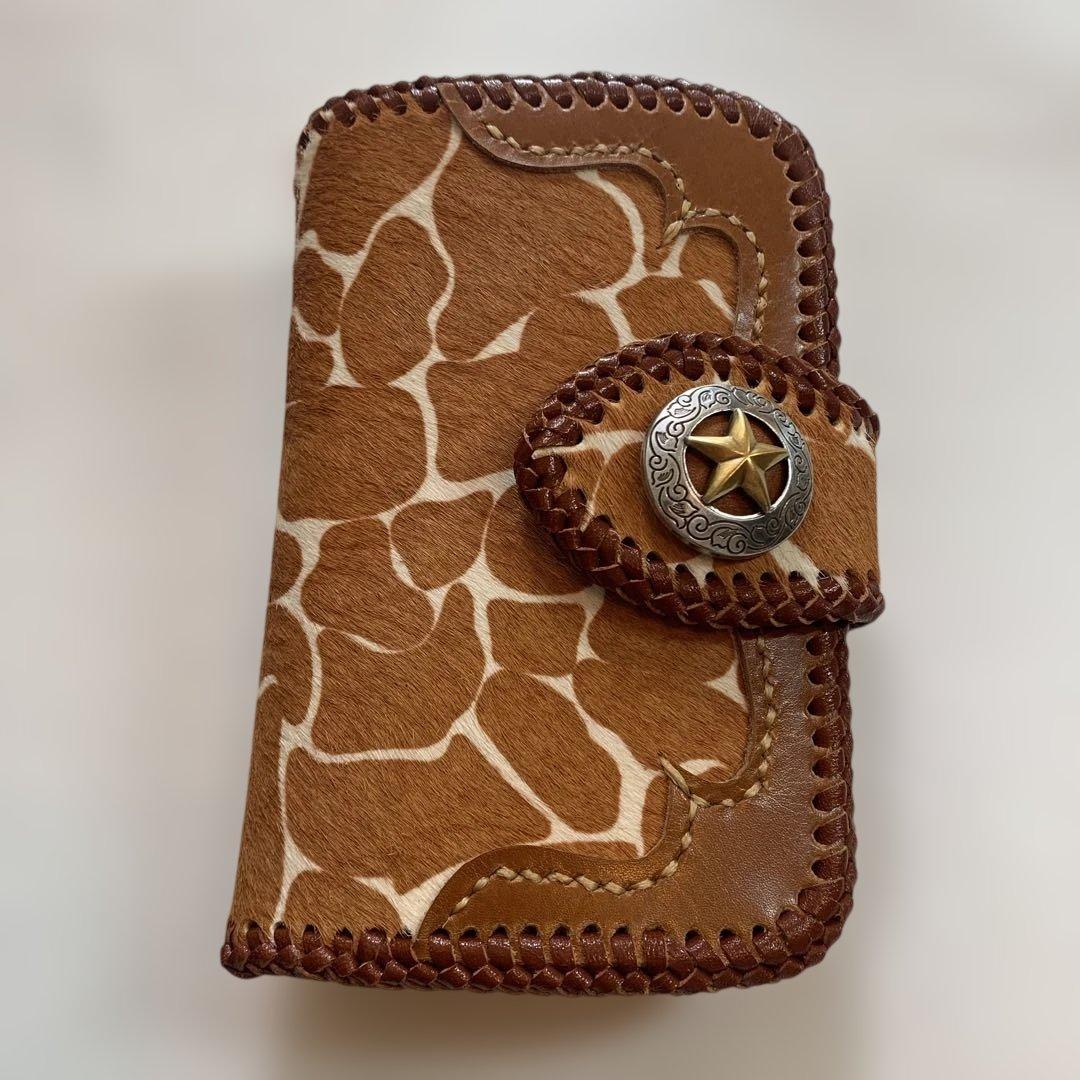 ハンドメイドレザークラフトキリン柄ハラコ牛革茶色ミドルウォレット牛レース編み茶色