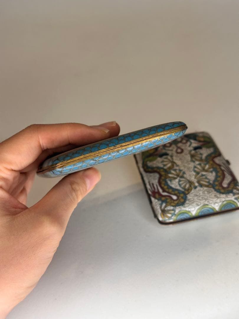 最终価格中国清代掐絲琺瑯 七宝焼 銅製煙具箱二点 龍紋・藍地牡丹文 時代物古美術