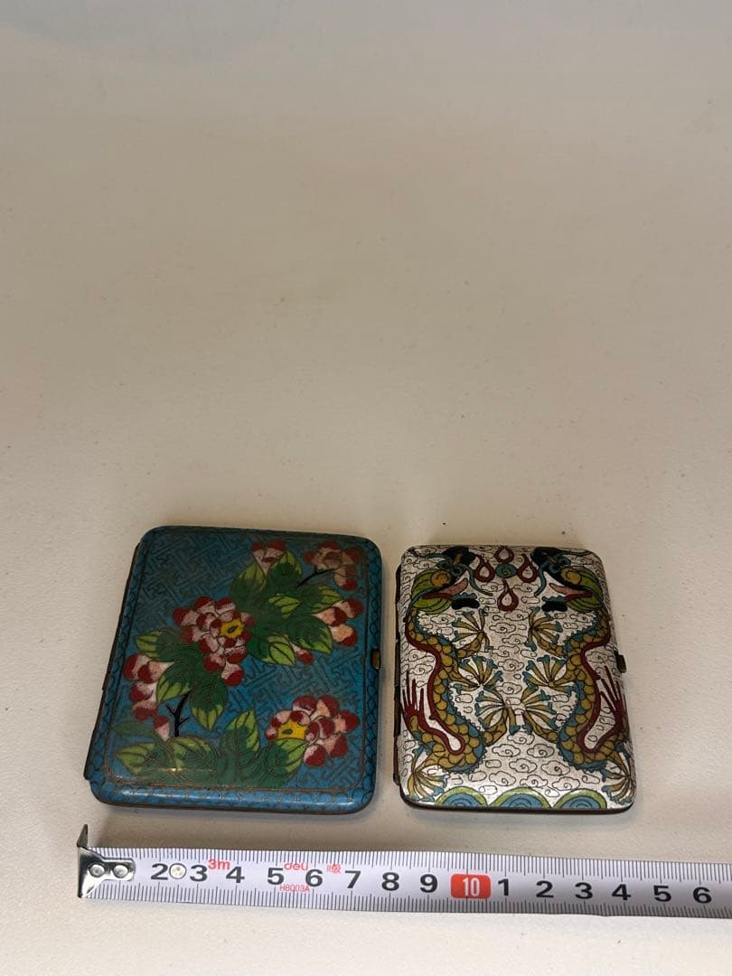 最终価格中国清代掐絲琺瑯 七宝焼 銅製煙具箱二点 龍紋・藍地牡丹文 時代物古美術
