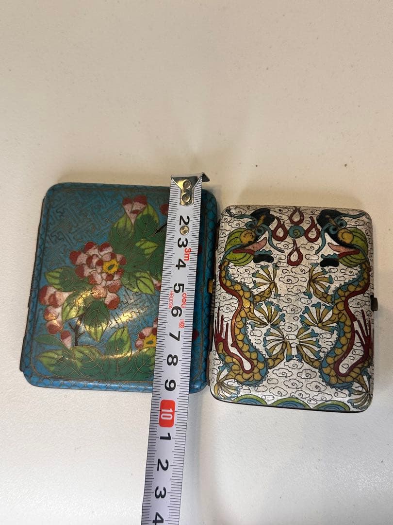 最终価格中国清代掐絲琺瑯 七宝焼 銅製煙具箱二点 龍紋・藍地牡丹文 時代物古美術