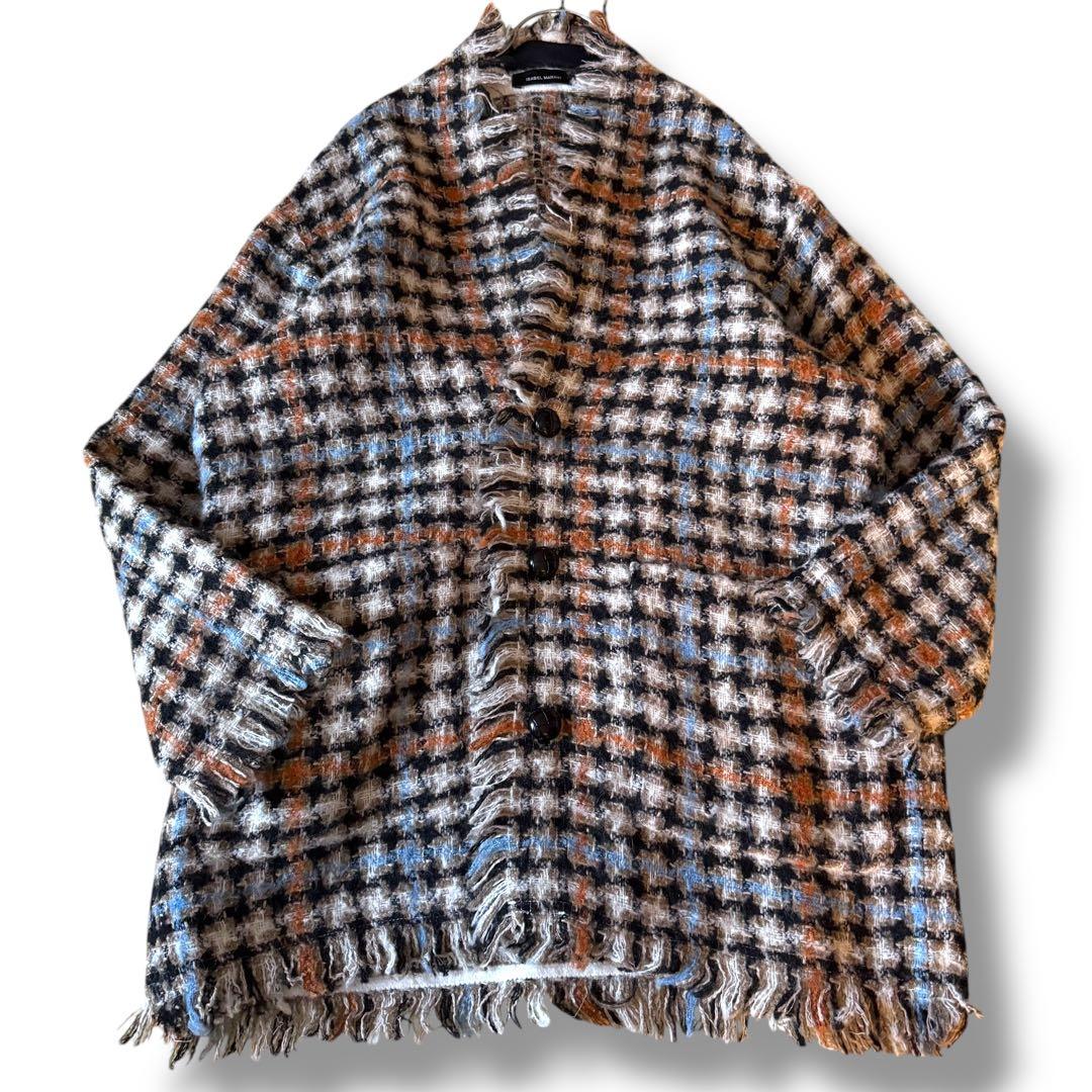 美品 イザベルマラン ミックスツイード ノーカラーコーディガン フリンジ
