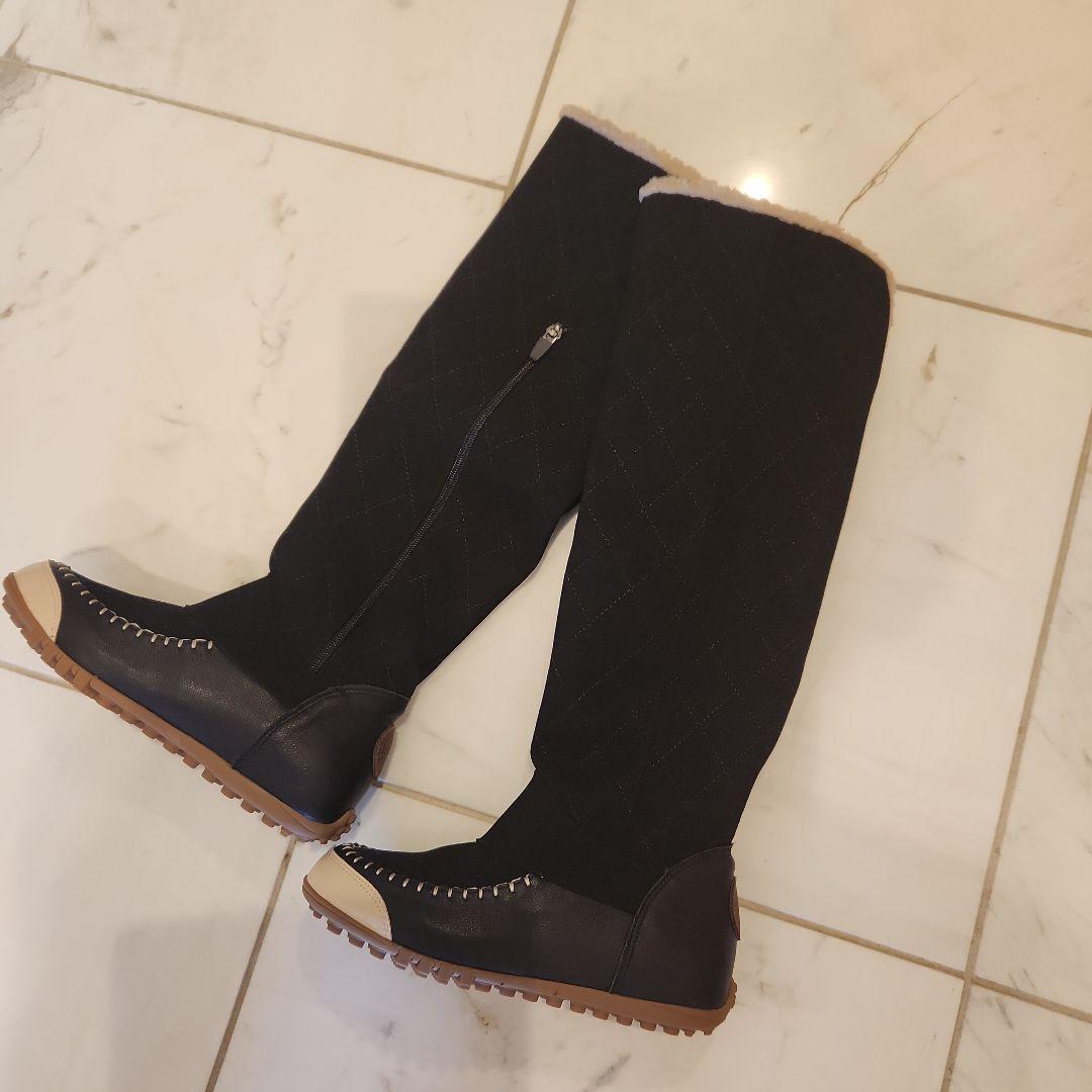 黒いキルティングロングブーツ　ゴルフブーツ