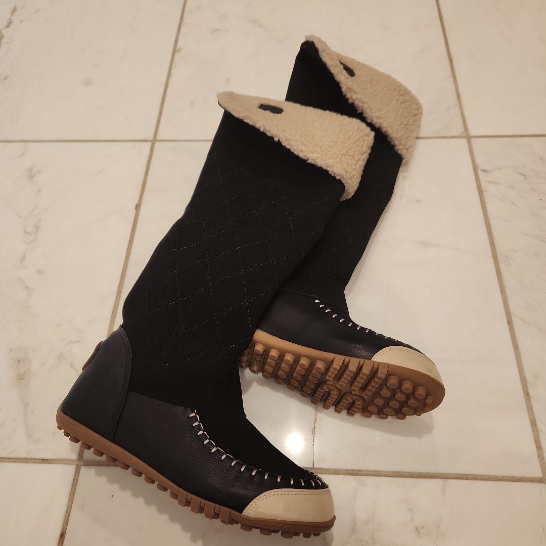 黒いキルティングロングブーツ　ゴルフブーツ