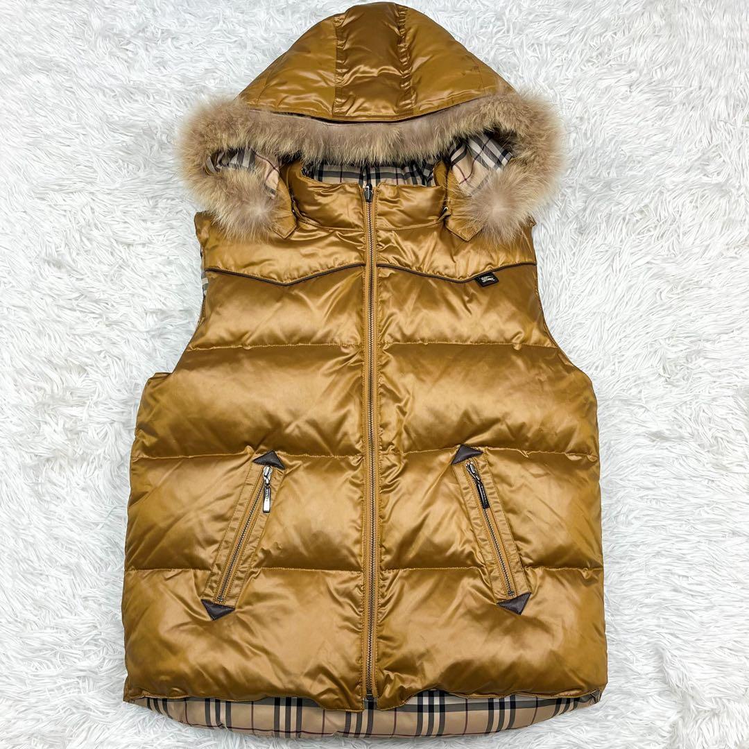 極美品 バーバリーロンドン ダウンベスト リバーシブル フード、ファー着脱可能