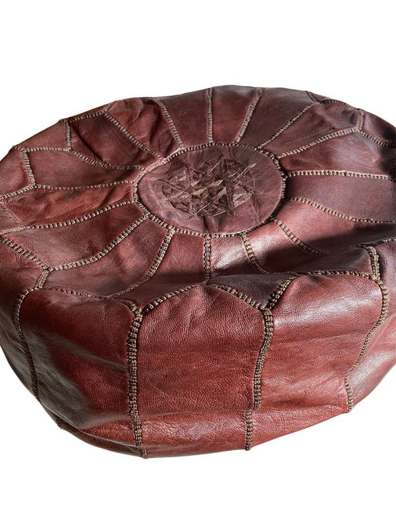 【訳あり】モロッコ産 本革 クッション プフ 円形スツール チョコレート色