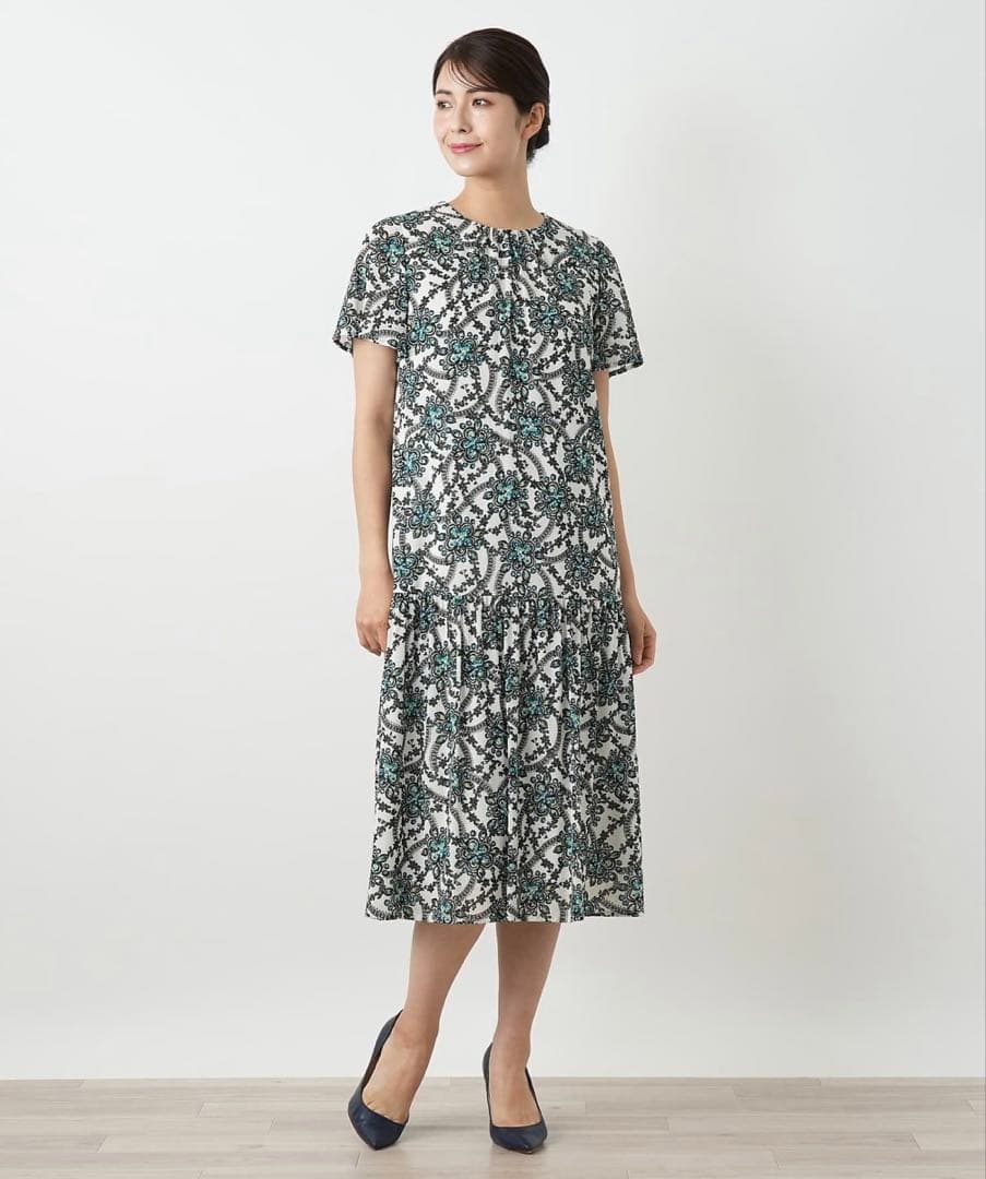 【新品】レリアン 【ウォッシャブル】プリントフレアワンピース グリーン
