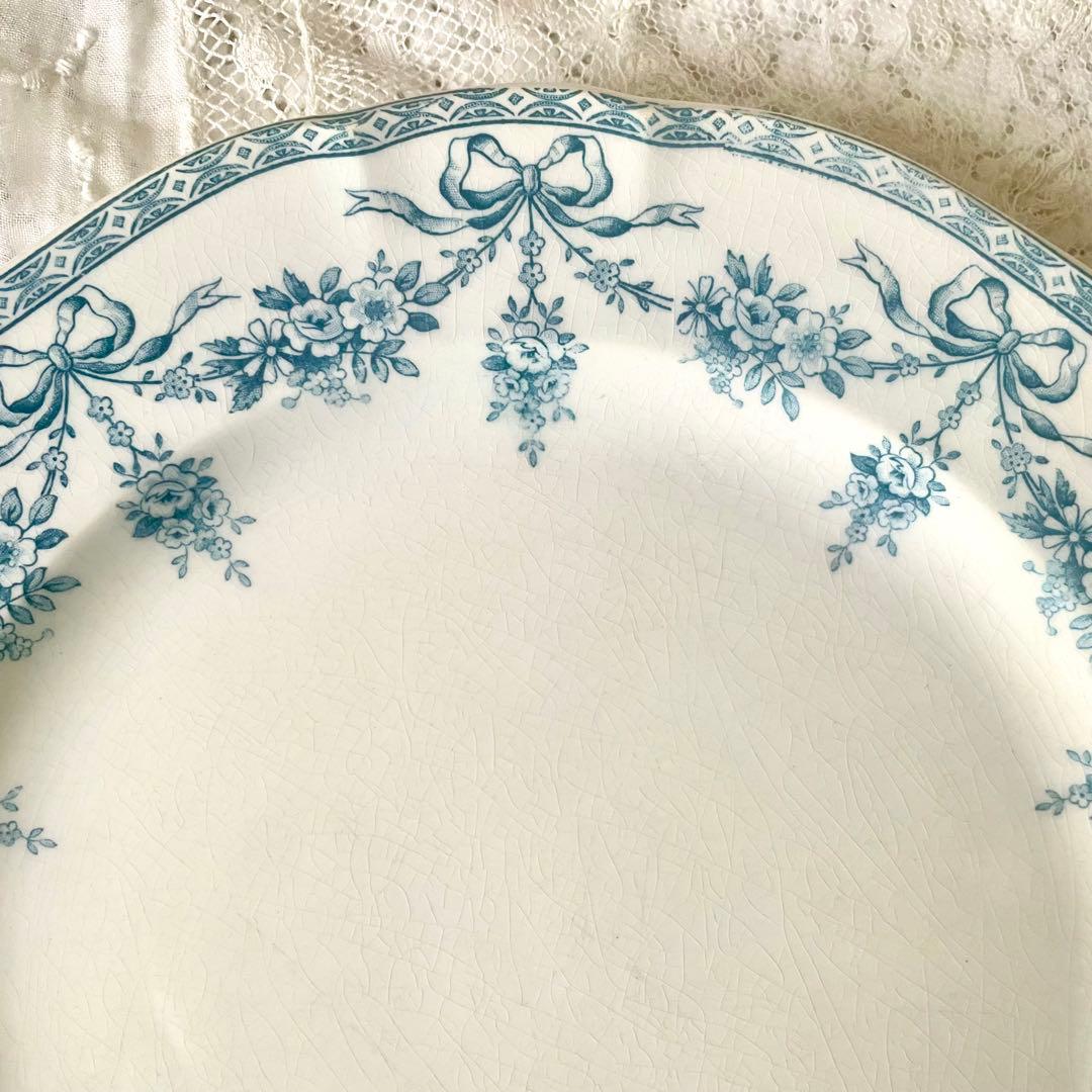 エミールブルジョワ窯ブルーリボンのガーランドプレート　平皿　フランスアンティーク