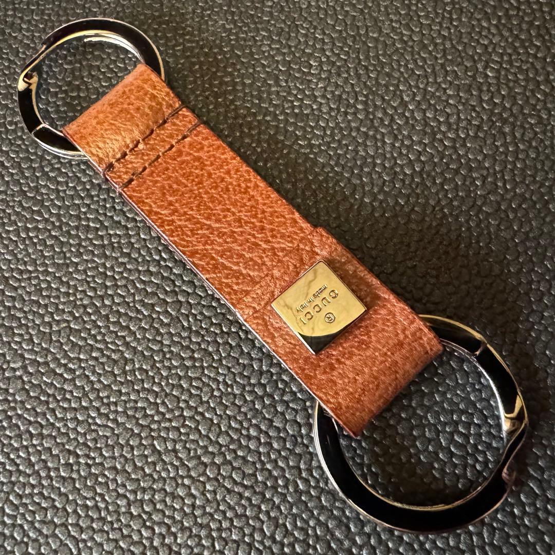 GUCCI ダークブラウンレザー&ガンメタシルバー キーリング キーホルダー極美