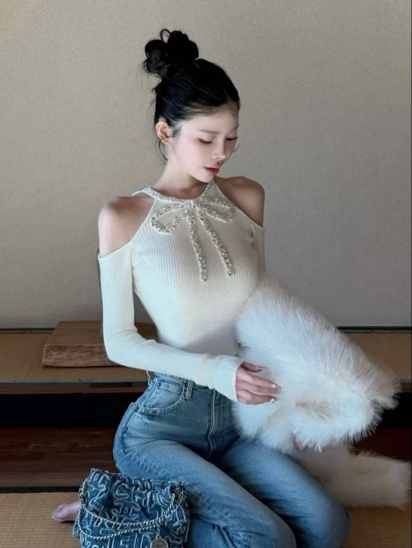 新品・未開封♡Darich♡リボンビジューアメスリニットトップス　IVO