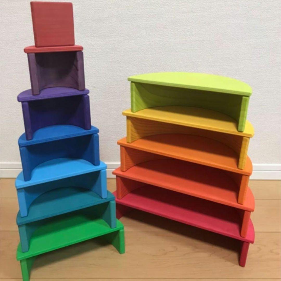 レインボーアーチ 木製ブロック積み木セット 板あり