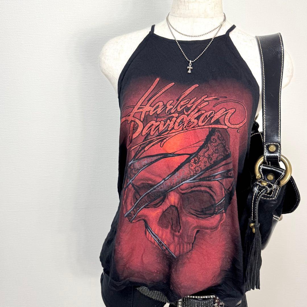 y2k❤️ Harley Davidson スカル ロゴ ホルターネック キャミ