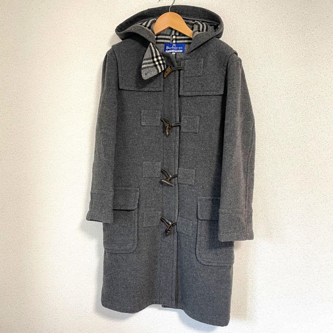 バーバリーブルーレーベルグレーフーデッドダブルコート裏ノバチェック