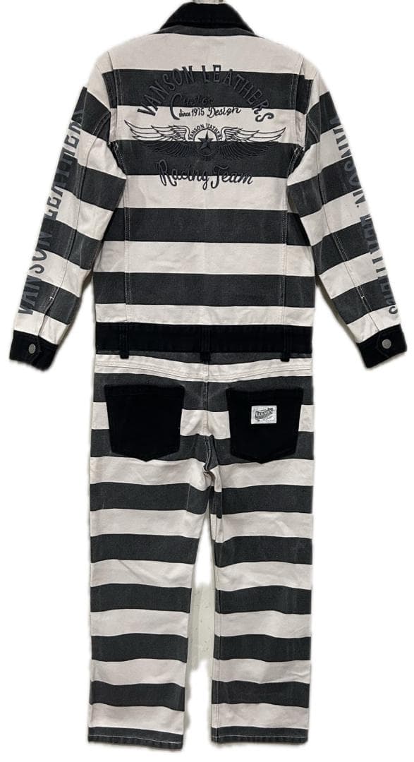＊VANSON バック刺繍 囚人 ボーダー つなぎ オールインワン バイカー S