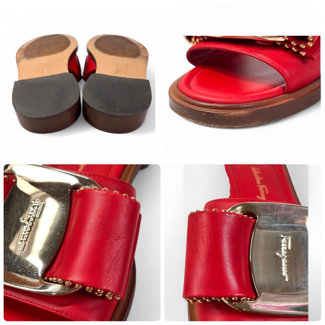 サルヴァトーレフェラガモ 7D 24.5 レザー ヴァラ ビッグリボン レッド