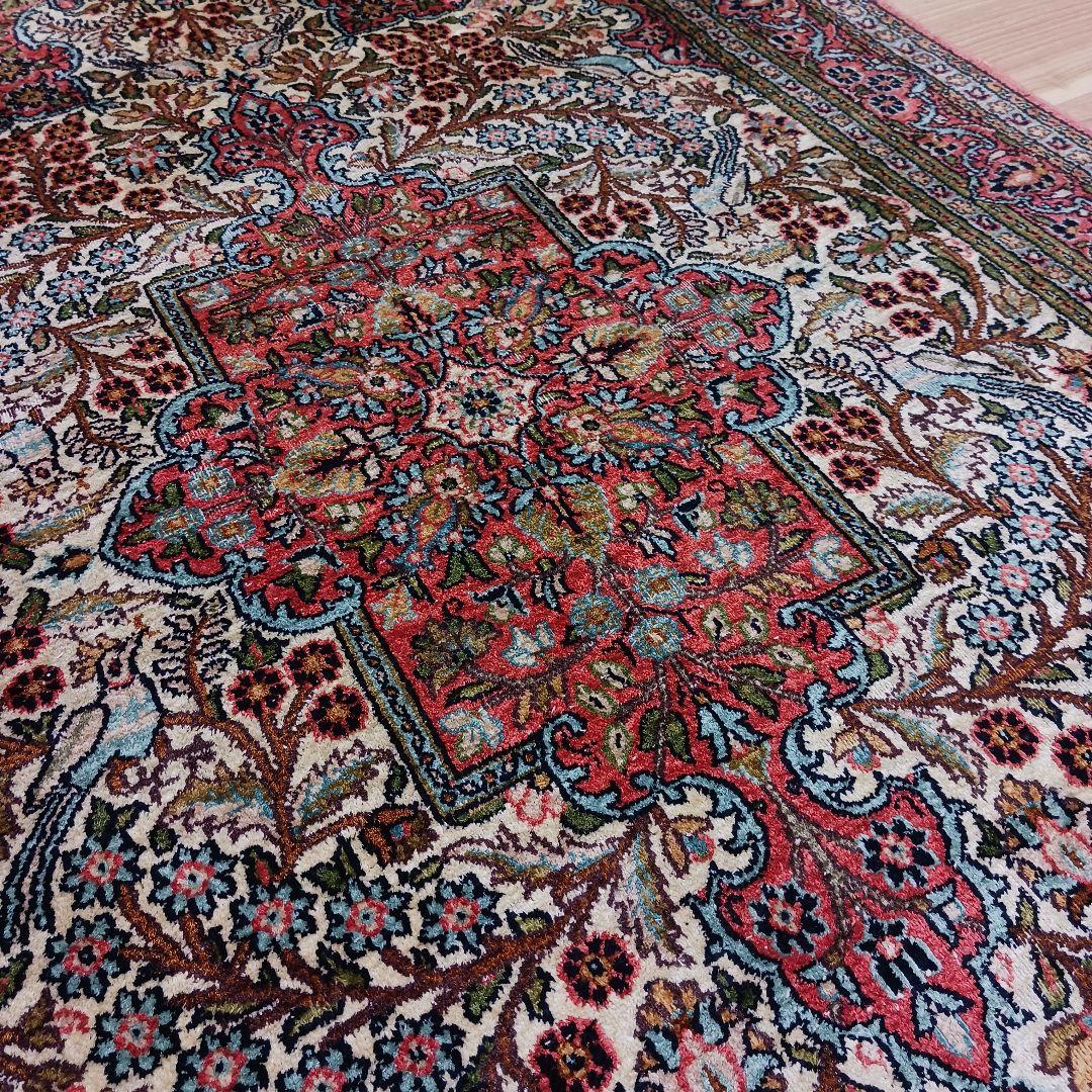 Y3203 インド カシミールシルク 絨毯 手織り 153×94㎝