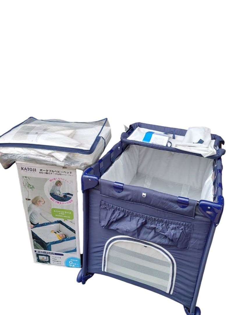 KATOJI ポータブルベビーベッド　ネイビー　マット付き63711