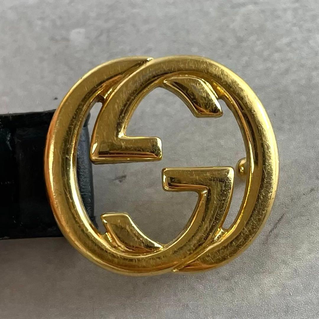 【良品】GUCCI ベルト インターロッキング GG デカロゴ ゴールド 黒