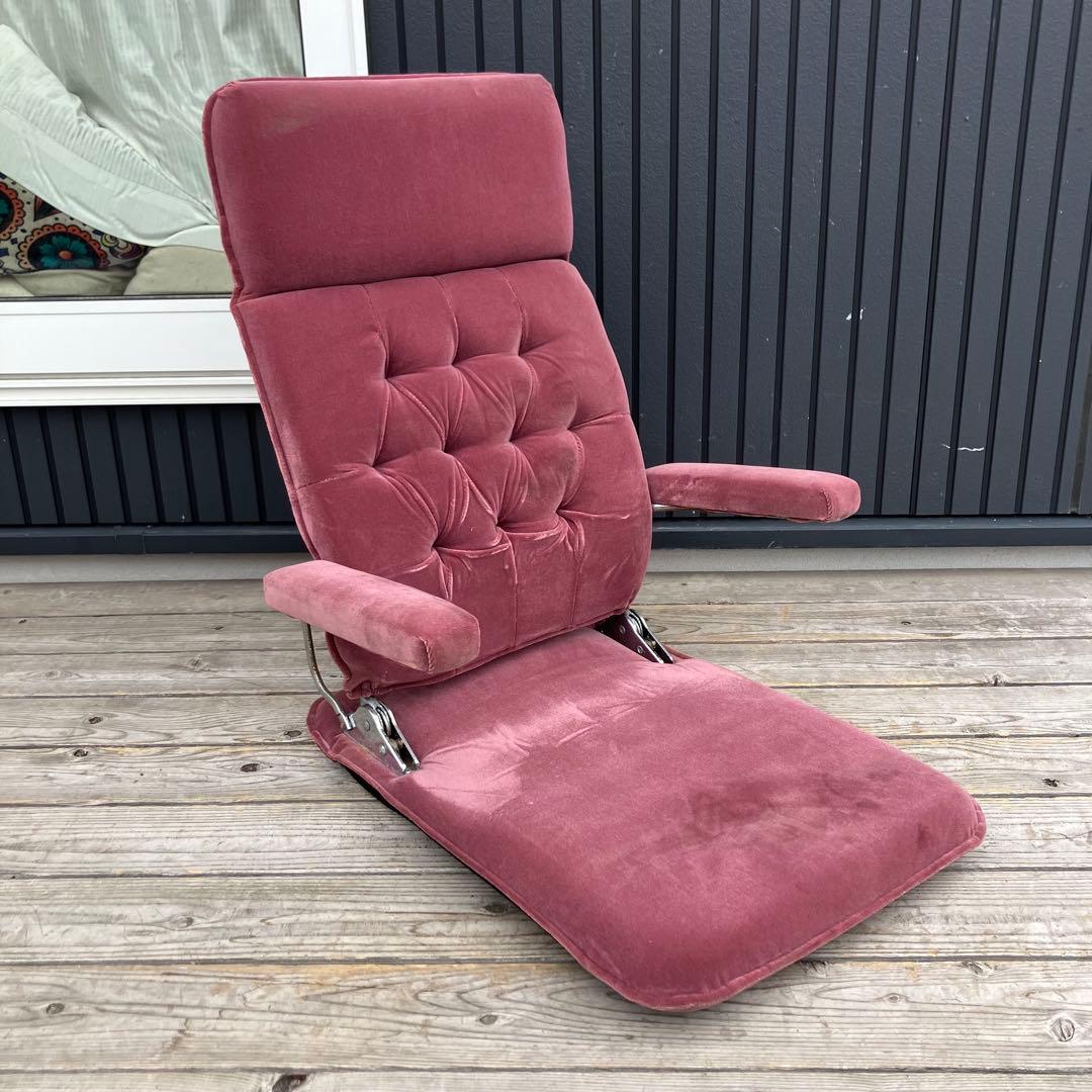 昭和レトロ 光家具 アームレスト付き リクライニングチェア ベロア座椅子 ピンク