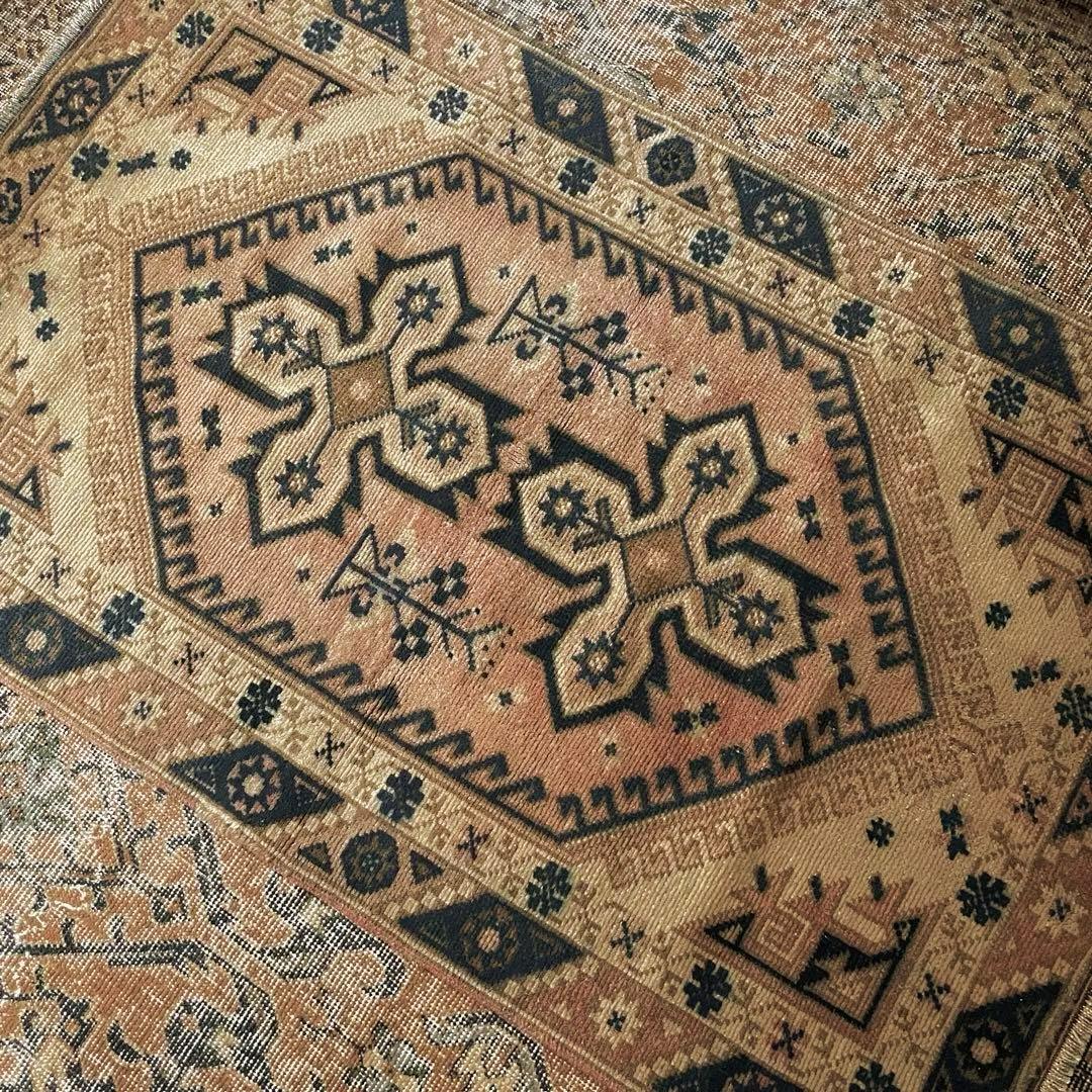 115×72cm ◇トルコヴィンテージラグ　ブラウン615　ブルー　幾何学模様