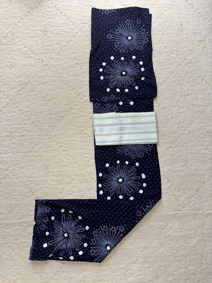 絞り浴衣　単品　藍色　花火と星模様 やまと　綿　高級浴衣