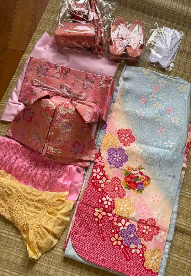 正絹　七五三　7歳　水色　ピンク　女の子　フルセット　一式