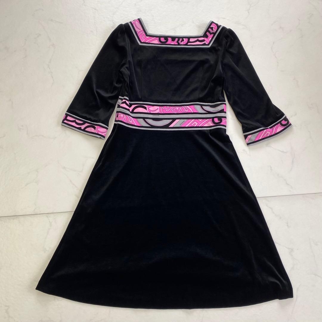 美品★LEONARD 膝丈ワンピース 5分袖 カンカン素材 ベロア 38