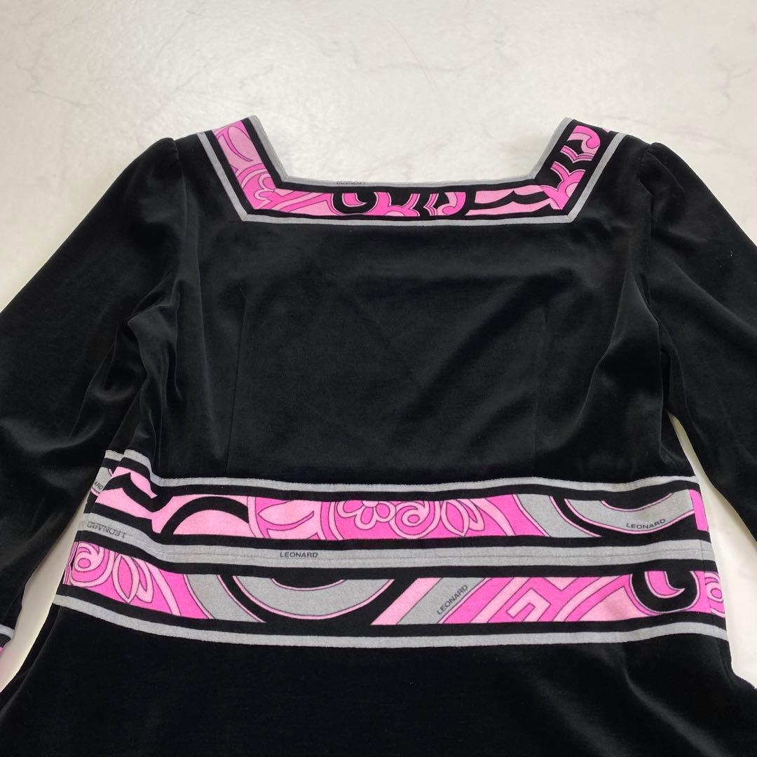 美品★LEONARD 膝丈ワンピース 5分袖 カンカン素材 ベロア 38