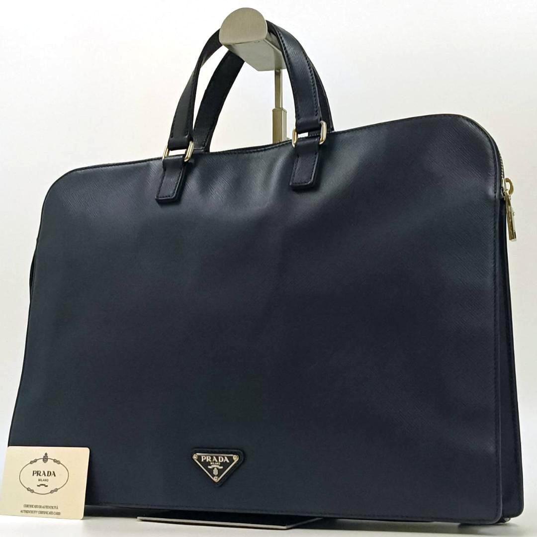 極希少色　プラダ　サフィアーノレザー　ビジネスバッグ　三角ロゴ　ネイビー　白タグ