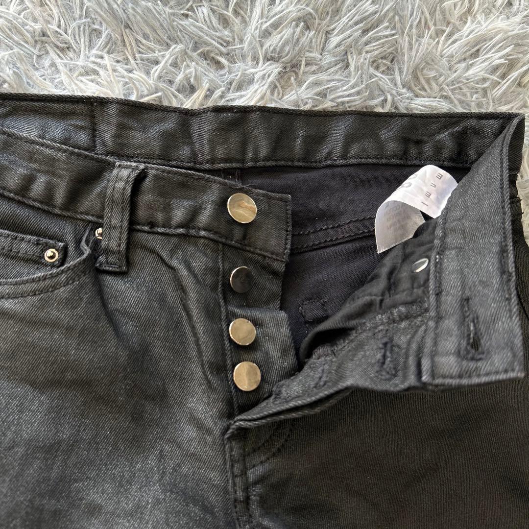 ミニマル mnml ブラック コーティング スキニーデニム 裾 ジッパー ボタン