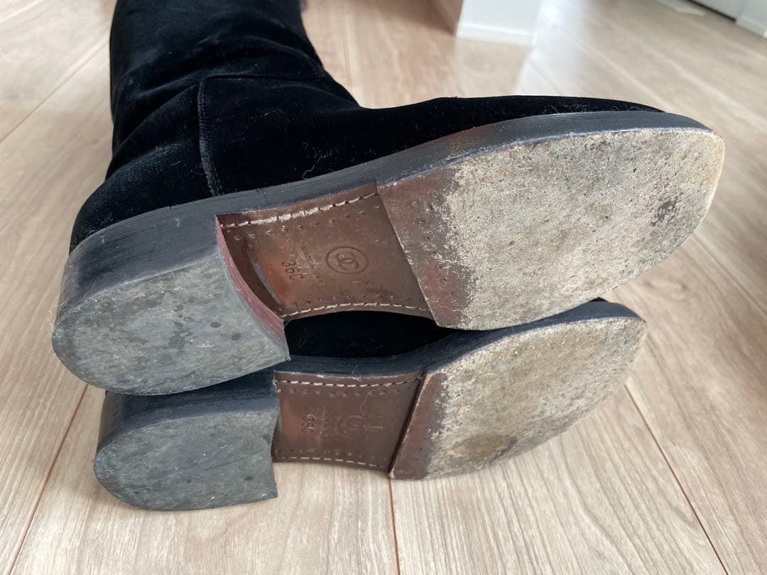 CHANEL ブラック ベルベット ロングブーツ　36