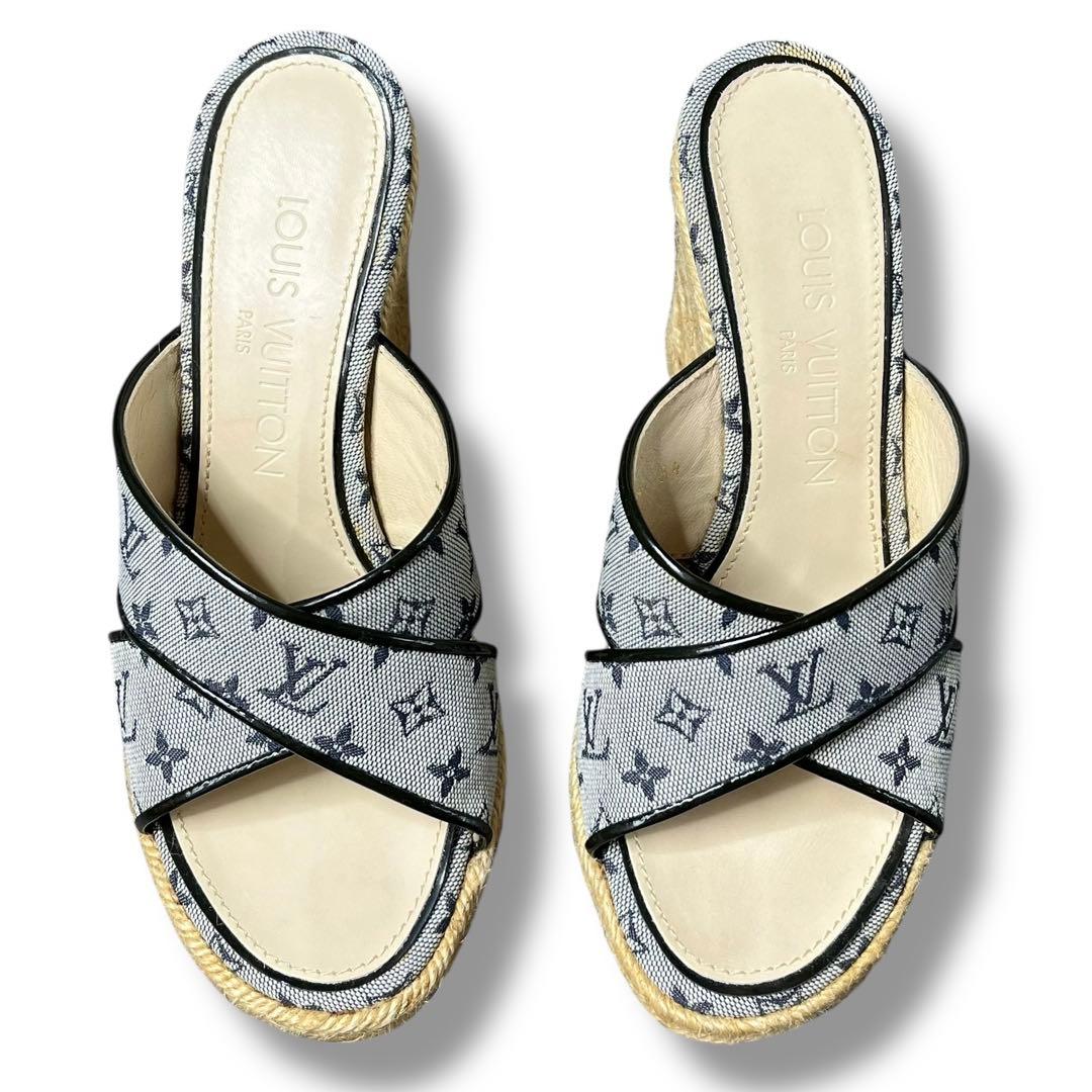 良品 ルイヴィトン モノグラム ヒール サンダル ミュール エスパドリーユ 21
