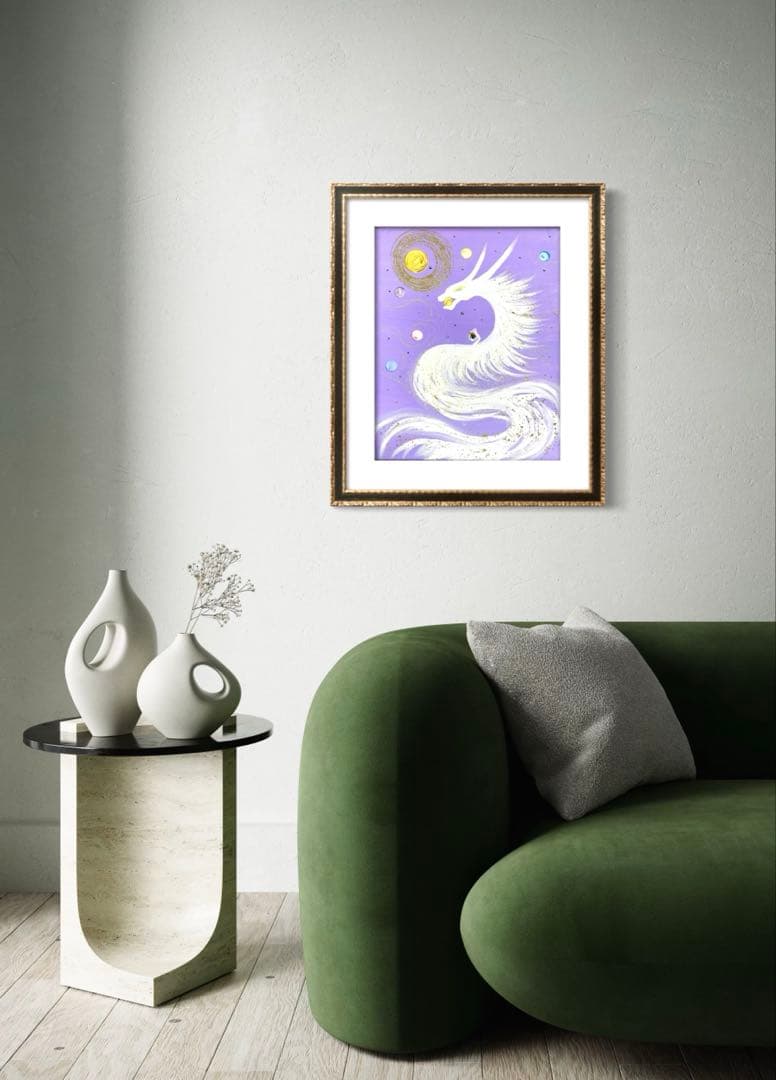 開運絵画　白龍神様　蓮の花７色　守護龍　蓮の花　運気上昇　金箔　スワロフスキー