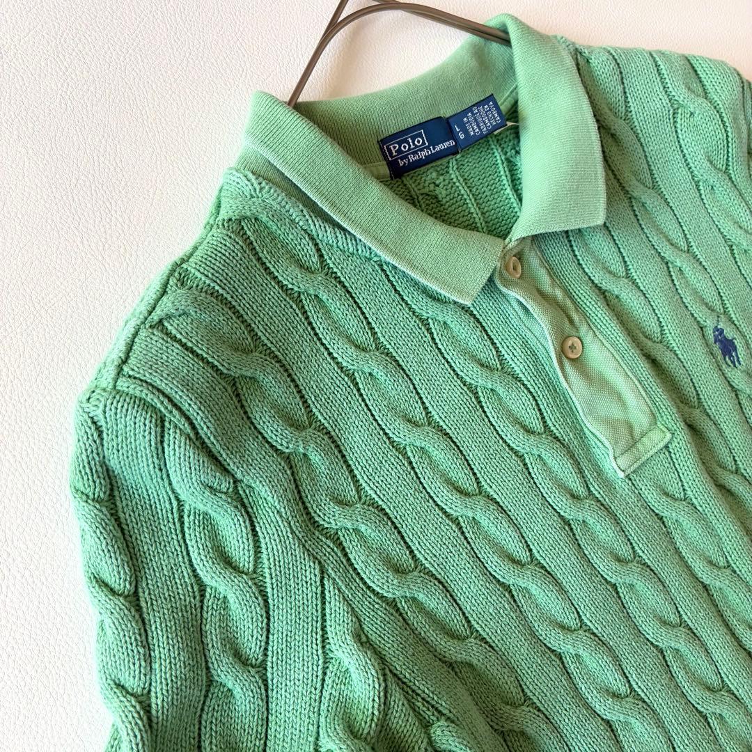 ポロラルフローレン　2025 現行　ケーブルニットポロシャツ　グリーン　L相当