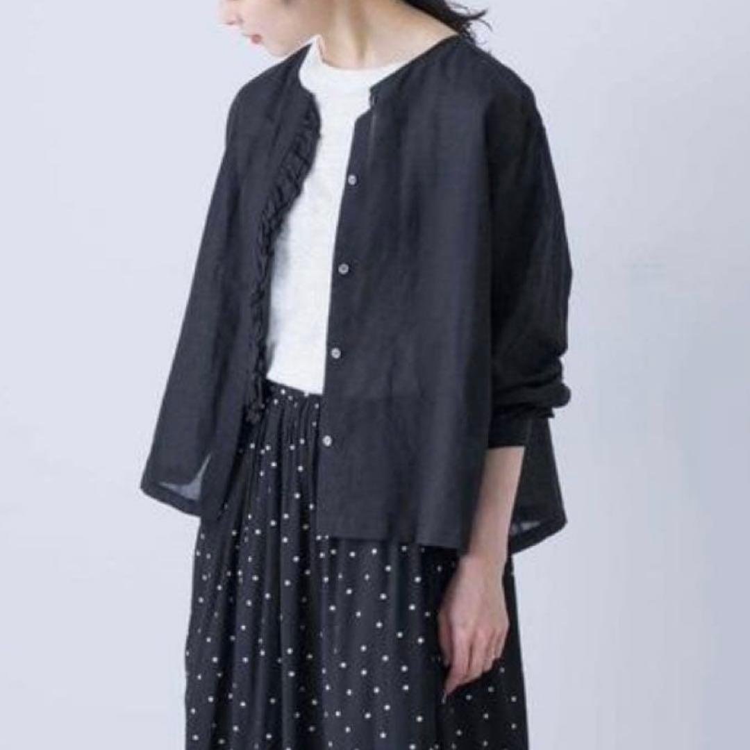 【美品】kagure かぐれ　コットンリネンワッシャーフリルブラウス　ノーカラー