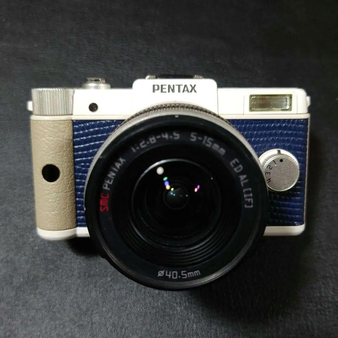 PENTAX Q ホワイト×ネイビー本革 02レンズ　純正バッテリー　純正充電器