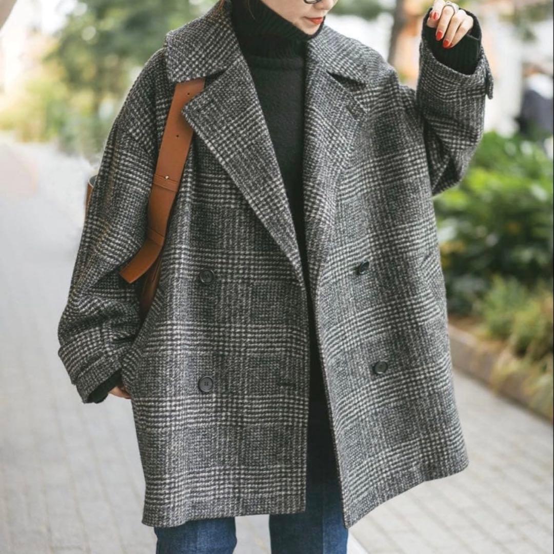 23AW✨Spick&Span Wスライバーチェックハーフコート ブラック