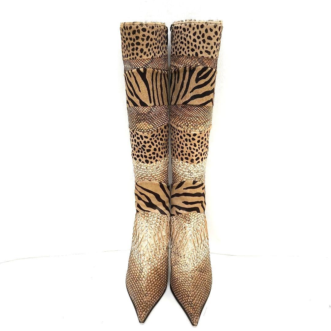 銀座カネマツ アニマルパターンロングブーツ 24.0　ハラコ　クロコダイル
