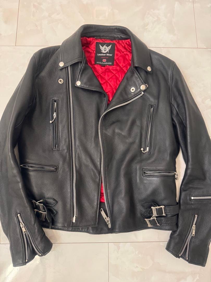 666ブラック ダブルライダースジャケット 36