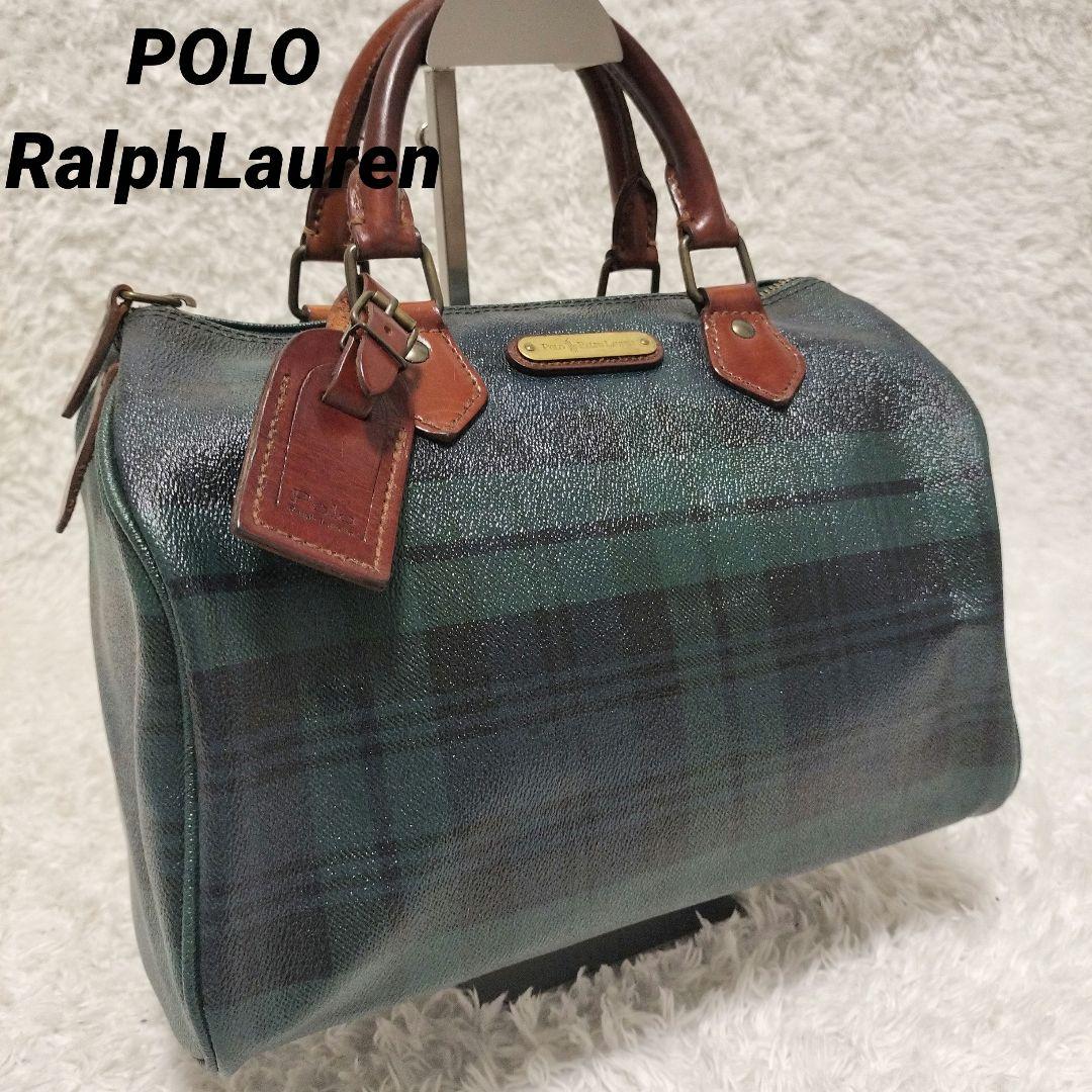 美品 POLO ポロラルフローレン チェック柄バッグ PVC xレザー