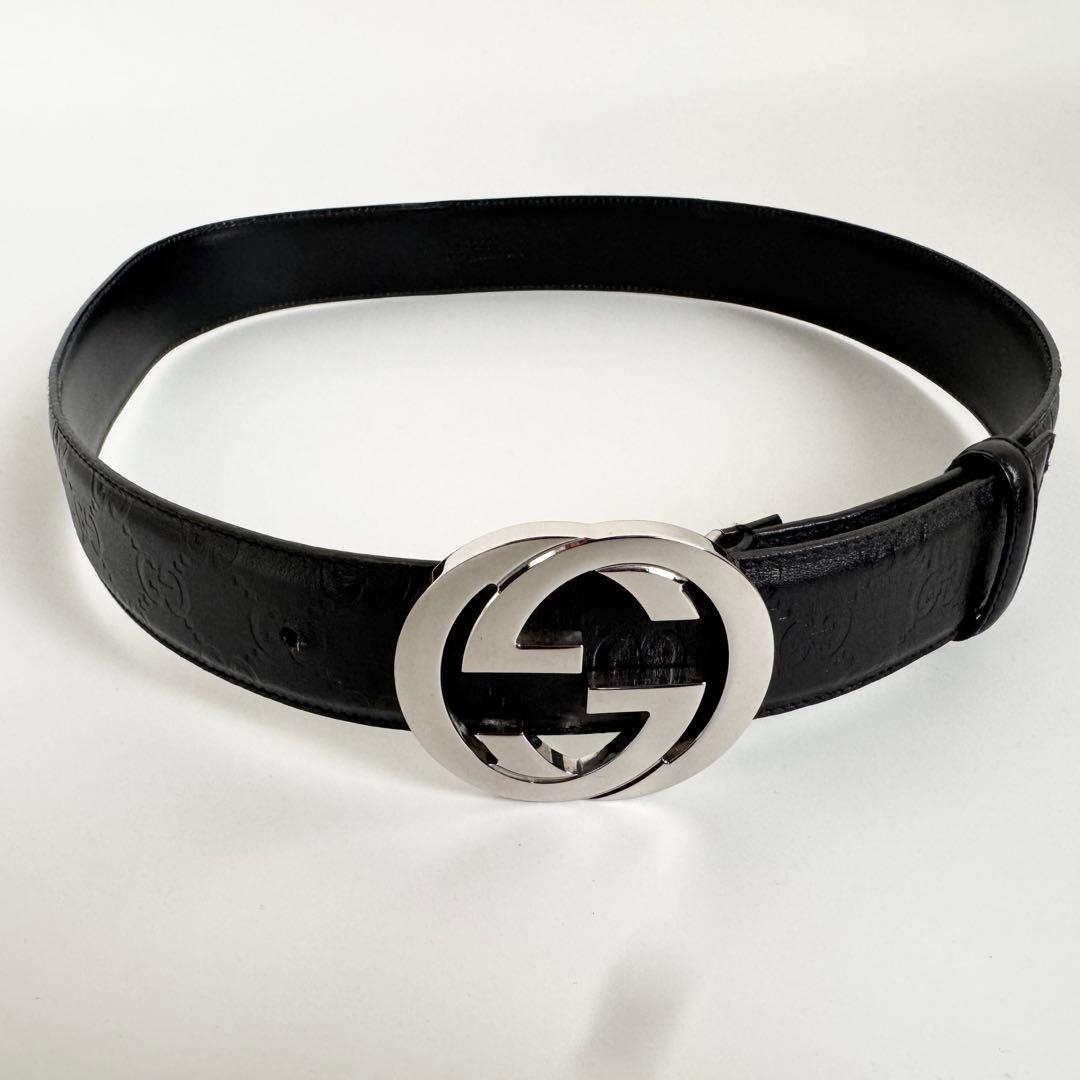 【極美品】GUCCI　インターロッキング シマ　GG　ベルト　ブラック　レザー
