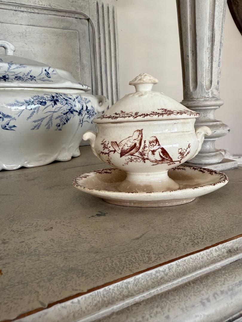 フランスアンティーククレイユモントローSYLVAミモザシリーズ小鳥柄ムタディエ