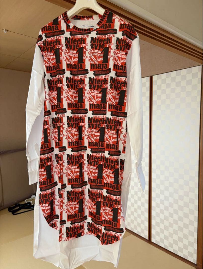 茶*豆様 ✨極美✨★コムデギャルソンシャツ★袖切替プリント加工デザインロングシャ