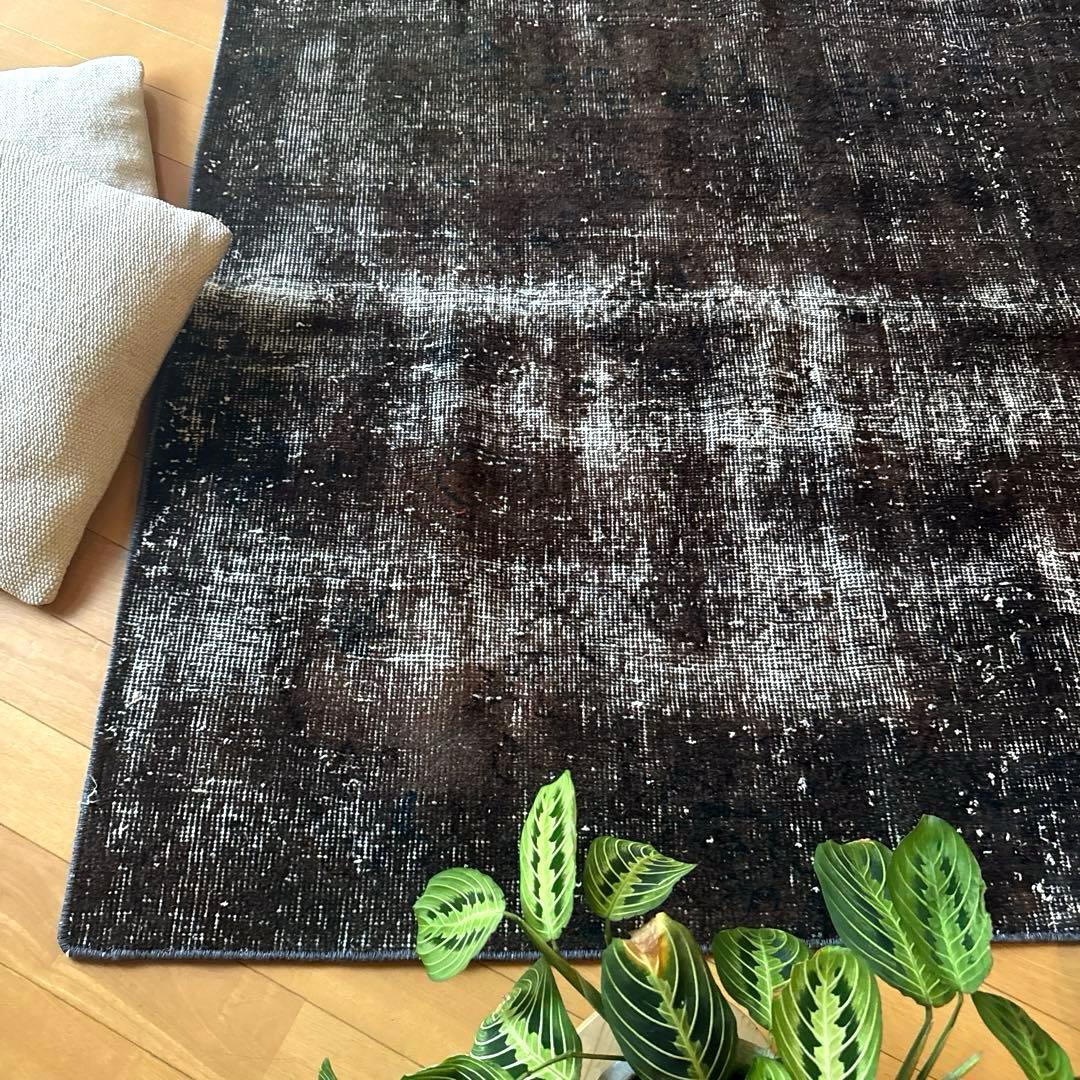 109.5×124 レアこげ茶ブラック　オーバーダイ　トルコヴィンテージラグ