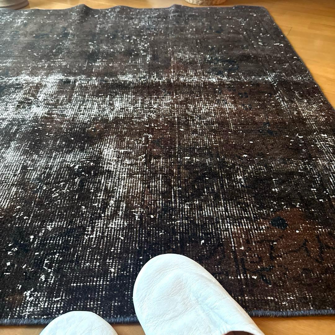 109.5×124 レアこげ茶ブラック　オーバーダイ　トルコヴィンテージラグ