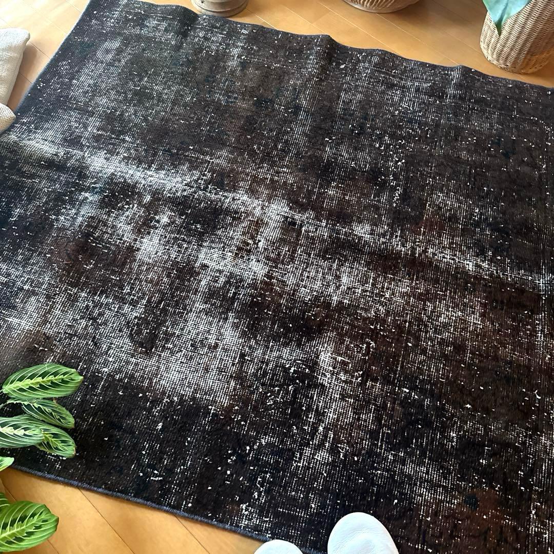 109.5×124 レアこげ茶ブラック　オーバーダイ　トルコヴィンテージラグ