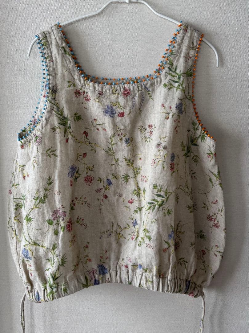 ４５R インド綿麻ダンガリー二重織フラワープリントのぽよんキャミソール