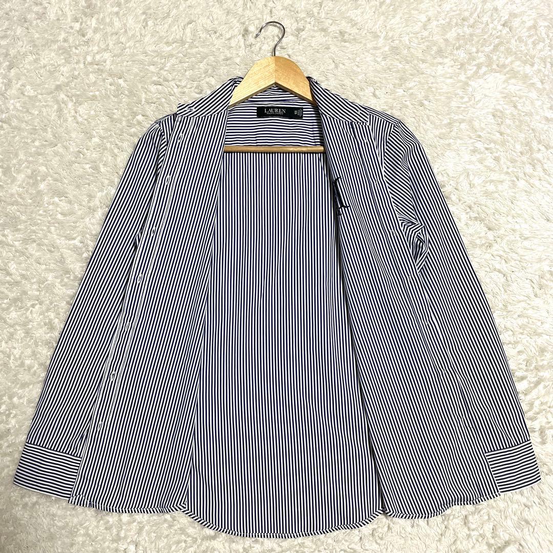 ローレンラルフローレン 現行 QRタグ ストライプ 長袖シャツ 青 刺繍ロゴ