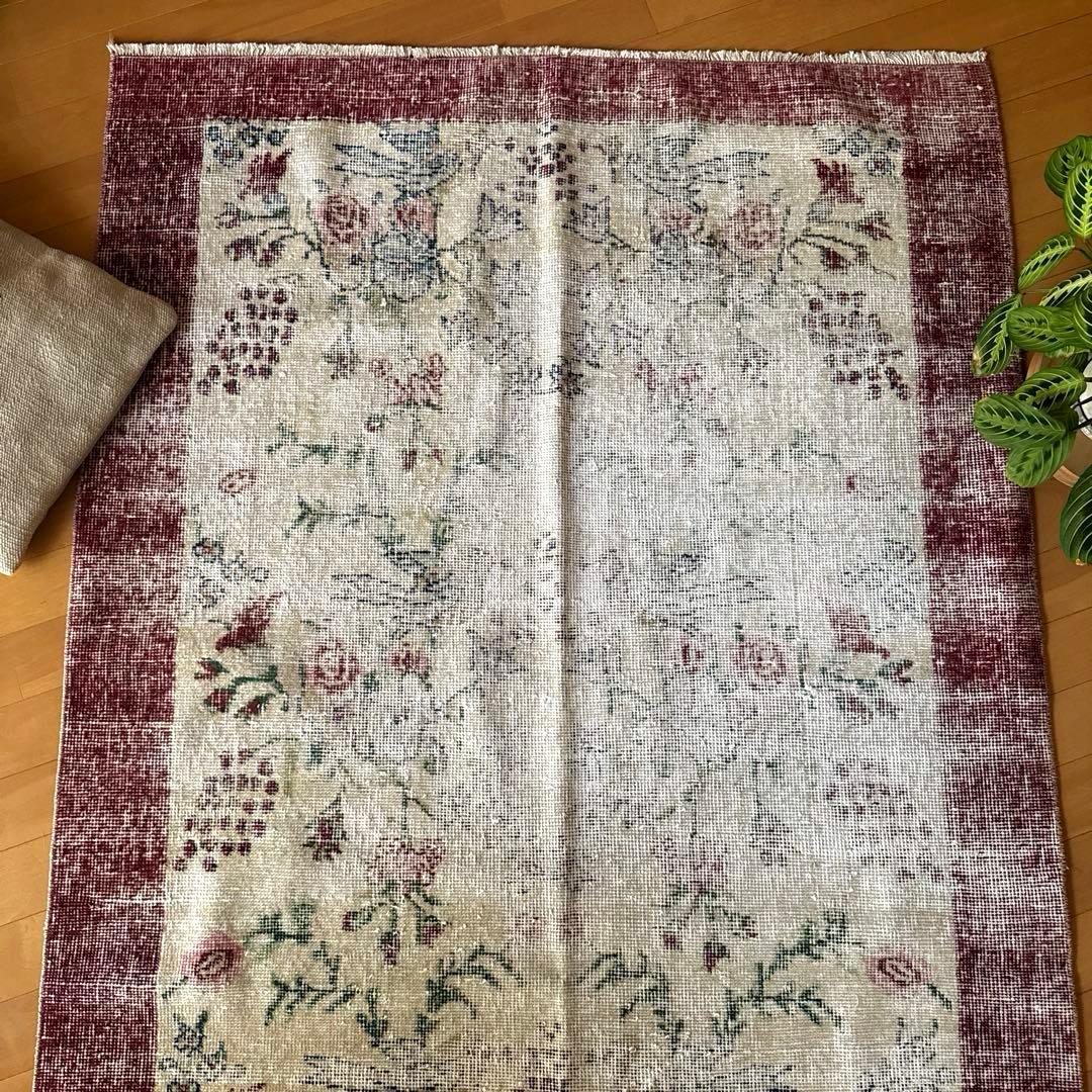 111×207 擦れシャビー　幸せな青い鳥　トルコヴィンテージラグ