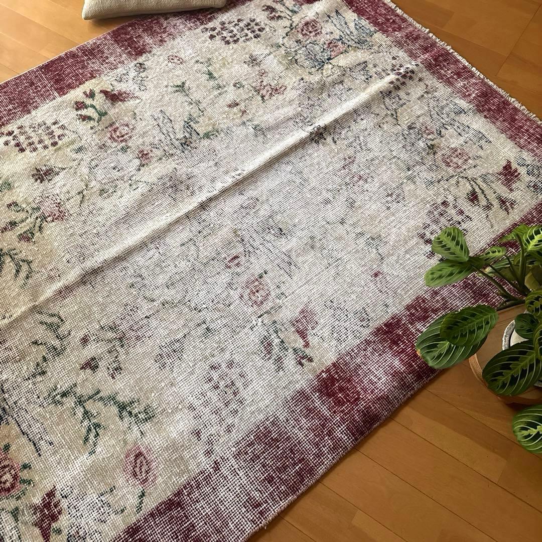 111×207 擦れシャビー　幸せな青い鳥　トルコヴィンテージラグ