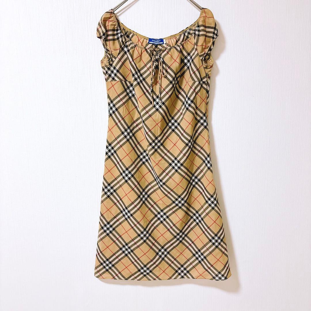 【美品】バーバリーブルーレーベル　ノバチェック　ワンピース　リボン　半袖　ウール